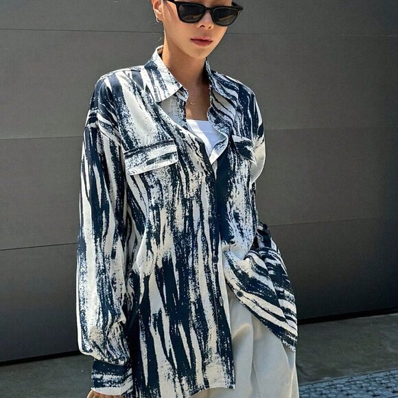 Royal Blue Casual Women's Random Print Loose Long Sleeve Shirt - Picture 6 of 8